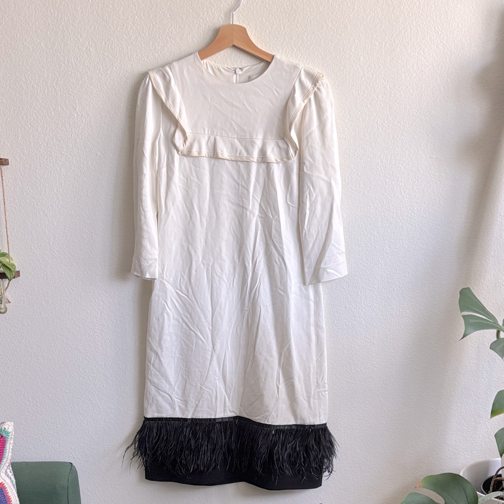 A.L.C. White Dress with Black Feather Flapper Hem Size 8